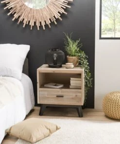 MACABANE Chevet 1 Tiroir 1 Niche Beige Pieds En Sapin Noir -Boutique Maisons du Monde chevet 1 tiroir 1 niche beige pieds en sapin noir 3