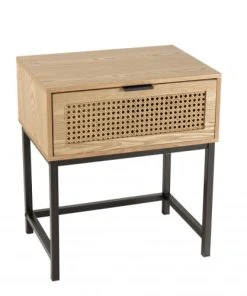 MACABANE Chevet 1 Tiroir Cannage Naturel Pieds Métal Noir