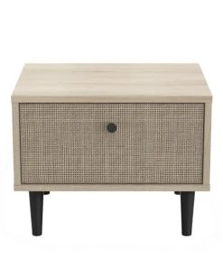 CALICOSY Chevet 1 Tiroir Décor Chêne Kronberg, Impression Rotin Et Noir Mat