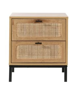 Casame Chevet 2 Tiroirs Aspect Chêne Avec Cannage Rotin - H51cm