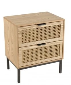MACABANE Chevet 2 Tiroirs Cannage Naturel Pieds Métal Noir
