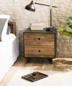 MACABANE Chevet 2 Tiroirs En Pin Recyclé Naturel Et Noir -Boutique Maisons du Monde chevet 2 tiroirs en pin recycle naturel et noir 3
