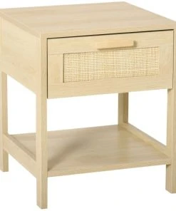 HOMCOM Chevet Cannage Rotin Panneau De Fibres Moyenne Densité Bois Clair