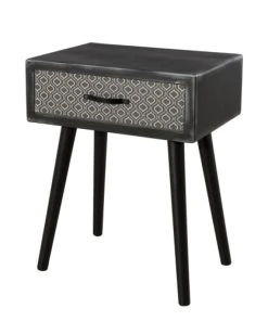 MACABANE Chevet En Pin Noir 1 Tiroir Motifs Noirs Et Blancs