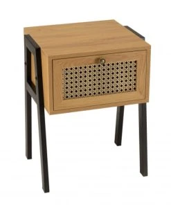 MACABANE Chevet Marron 1 Tiroir Effet Cannage Pieds Inclinés Métal Noir