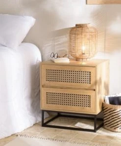 MACABANE Chevet Marron 2 Tiroirs Effet Cannage Pieds Métal Noir -Boutique Maisons du Monde chevet marron 2 tiroirs effet cannage pieds metal noir 1