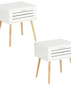 TOILINUX Lot De 2 Tables De Chevet Avec 1 Tiroir En Bambou Et Mdf Blanc