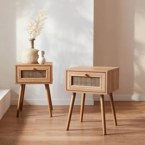Alice's Garden Lot De 2 Tables De Chevet Effet Bois Et Cannage, 1 Tiroir 5 Alice's Garden Lot De 2 Tables De Chevet Effet Bois Et Cannage, 1 Tiroir – Image 3