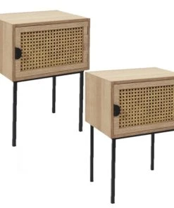 TOILINUX Lot De 2 Tables De Chevet En Cannage Et Métal Marron