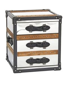 Now’s Home Meuble D'appoint 3 Tiroirs En Acier Inoxydable Et Cuir