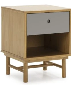 HOMN Table De Chevet 1 Tiroir Couleur Bois Et Gris, Bois Massif