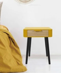 TOILINUX Table De Chevet 1 Tiroir En Mdf Jaune -Boutique Maisons du Monde table de chevet 1 tiroir en mdf jaune 2