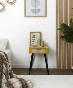 TOILINUX Table De Chevet 1 Tiroir En Mdf Jaune