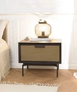 MACABANE Table De Chevet 1 Tiroir Marron Foncé Pieds Métal Noir -Boutique Maisons du Monde table de chevet 1 tiroir marron fonce pieds metal noir 1