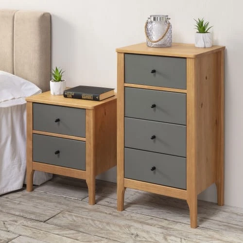 HOMN Table De Chevet 2 Tiroirs Couleur Bois Et Gris, Bois Massif 4 HOMN Table De Chevet 2 Tiroirs Couleur Bois Et Gris, Bois Massif – Image 2
