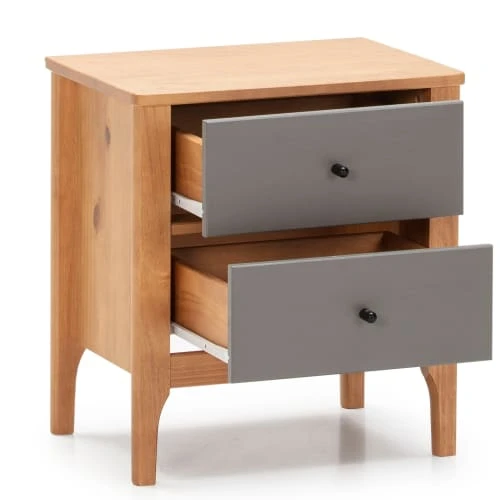 HOMN Table De Chevet 2 Tiroirs Couleur Bois Et Gris, Bois Massif 5 HOMN Table De Chevet 2 Tiroirs Couleur Bois Et Gris, Bois Massif – Image 3