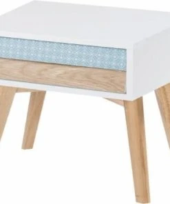 ReCollection Table De Chevet 2 Tiroirs En Bois Couleur Blanc Et Bleu