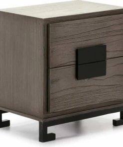 Thai Natura Table De Chevet 2 Tiroirs En Bois Couleur Gris Et Doré