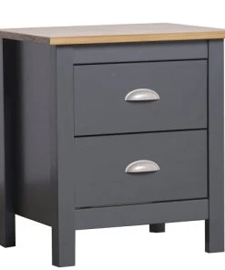 HOMN Table De Chevet 2 Tiroirs Gris/chêne, Fabriqué En Bois De Pin Massif