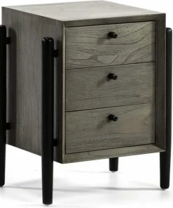 Thai Natura Table De Chevet 3 Tiroirs En Bois Teinté Gris Et Doré