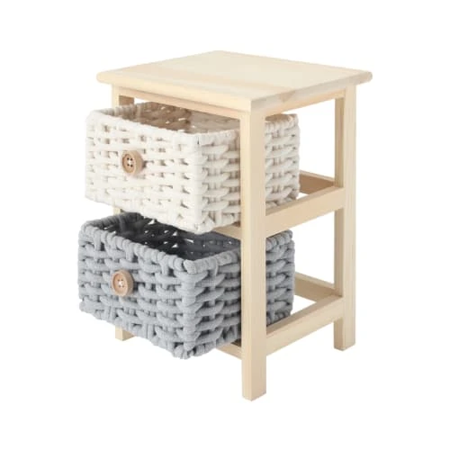 Mobili Rebecca Table De Chevet à 2 Tiroirs En Pin Tressé Et Coton Beige Et Gris 5 Mobili Rebecca Table De Chevet à 2 Tiroirs En Pin Tressé Et Coton Beige Et Gris – Image 3