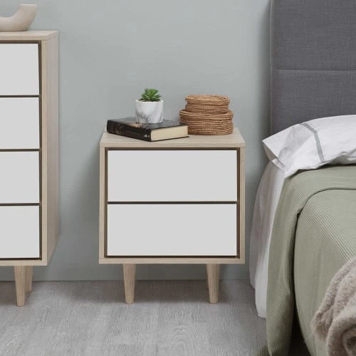 HOMN Table De Chevet Avec 2 Tiroirs Couleur Chêne/blanc 4 HOMN Table De Chevet Avec 2 Tiroirs Couleur Chêne/blanc – Image 2