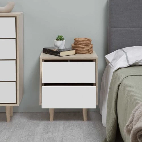 HOMN Table De Chevet Avec 2 Tiroirs Couleur Chêne/blanc 8 HOMN Table De Chevet Avec 2 Tiroirs Couleur Chêne/blanc – Image 6