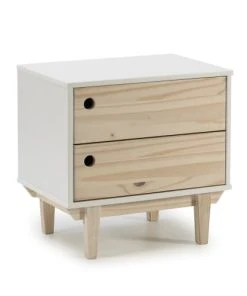 HOMN Table De Chevet Avec 2 Tiroirs En Couleur Blanc, Pieds Bois Naturel