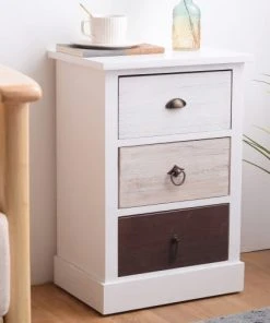 Mobili Rebecca Table De Chevet Avec 3 Tiroirs En Bois Blanc Et Marron -Boutique Maisons du Monde table de chevet avec 3 tiroirs en bois blanc et marron 4