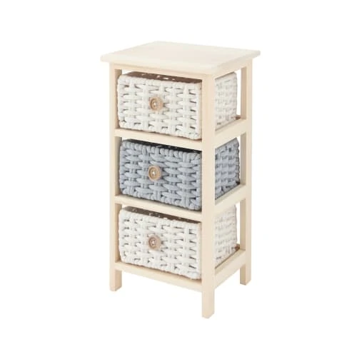 Mobili Rebecca Table De Chevet Avec 3 Tiroirs En Bois De Pin, Coton Gris Et Beige 4 Mobili Rebecca Table De Chevet Avec 3 Tiroirs En Bois De Pin, Coton Gris Et Beige – Image 2
