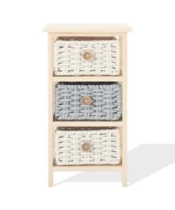Mobili Rebecca Table De Chevet Avec 3 Tiroirs En Bois De Pin, Coton Gris Et Beige