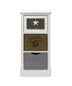 Mobili Rebecca Table De Chevet Avec 3 Tiroirs En MDF Et Tissu Blanc Brun Et Gris