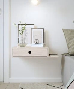WOODEK Table De Chevet Avec étagère Sur Le Côté Droit En Bouleau Blanc