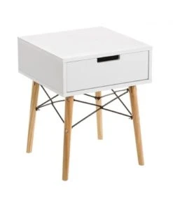 Unimasa Table De Chevet Blanche Et Bois Style Scandinave