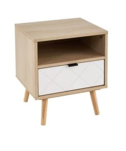 Unimasa Table De Chevet Bois Et Blanc 1 Tiroir Losanges 40x35x49cm