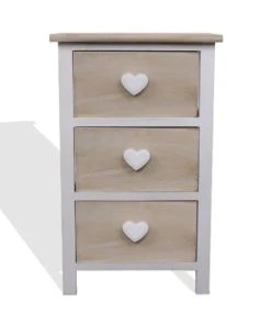 Mobili Rebecca Table De Chevet Coeur Avec 3 Tiroirs En Bois Blanc Et Beige