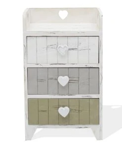 Mobili Rebecca Table De Chevet Coeur Avec 3 Tiroirs En Bois Blanc Et Beige Et Gris