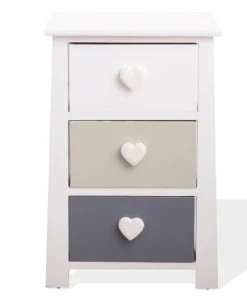 Mobili Rebecca Table De Chevet Coeur Avec 3 Tiroirs En MDF Blanc Et Beige Et Gris
