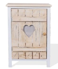 Mobili Rebecca Table De Chevet Coeurs Avec 1 Porte En Bois Blanc Et Beige