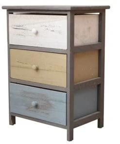 Mobili Rebecca Table De Chevet Colorée Avec 3 Tiroirs En Bois Gris Bleu Et Blanc