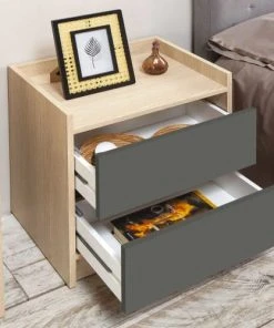 HOMN Table De Chevet De 2 Tiroirs, Couleur Chêne/gris -Boutique Maisons du Monde table de chevet de 2 tiroirs couleur chene gris 3