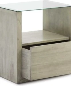 Thai Natura Table De Chevet En Bois Gris Clair Plateau En Verre -Boutique Maisons du Monde table de chevet en bois gris clair plateau en verre 1