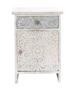 Maisons Du Monde Table De Chevet Indienne Sculptée En Manguier Massif Blanche L 42 Cm