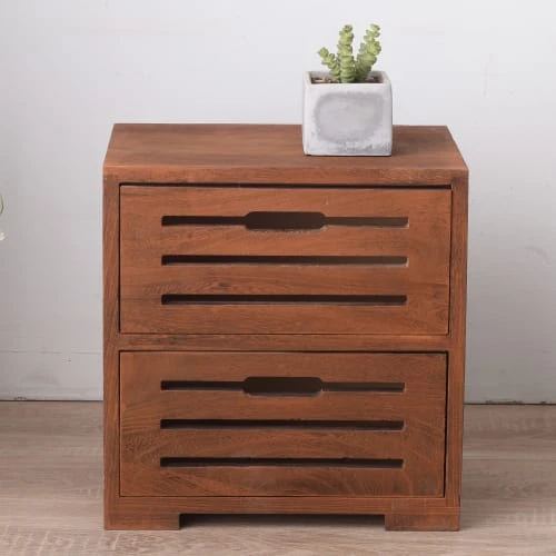 Mobili Rebecca Table De Chevet Sculpté Avec 2 Tiroirs En Bois Marron 4 Mobili Rebecca Table De Chevet Sculpté Avec 2 Tiroirs En Bois Marron – Image 2