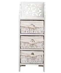 Mobili Rebecca Table De Chevet Sculpté Avec 3 Tiroirs Bois Et Osier Blanc