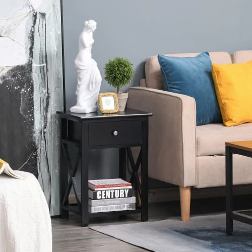 HOMCOM Table De Chevet Style Cosy Croix Latérales Tiroir Et étagère Bois 6 HOMCOM Table De Chevet Style Cosy Croix Latérales Tiroir Et étagère Bois – Image 4