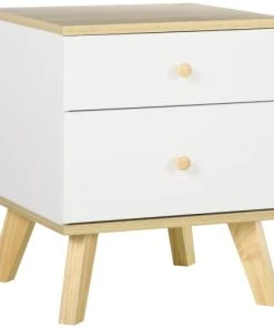 HOMCOM Table De Chevet Style Scandinave 2 Tiroirs Blanc Aspect Chêne Clair